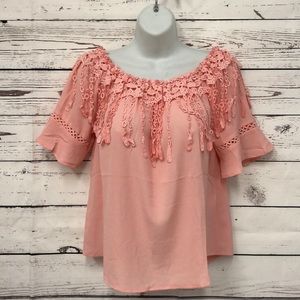 Lucky too pink crochet trimmed over shoulder
